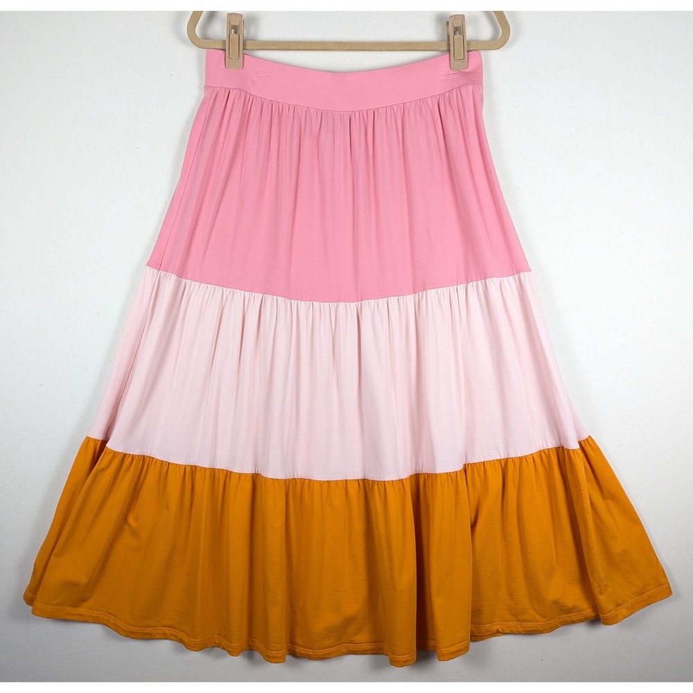 Lands' End Skirt Women M 10 Tiered Midi Pull-On Pink Orange A-Line Gathered Full